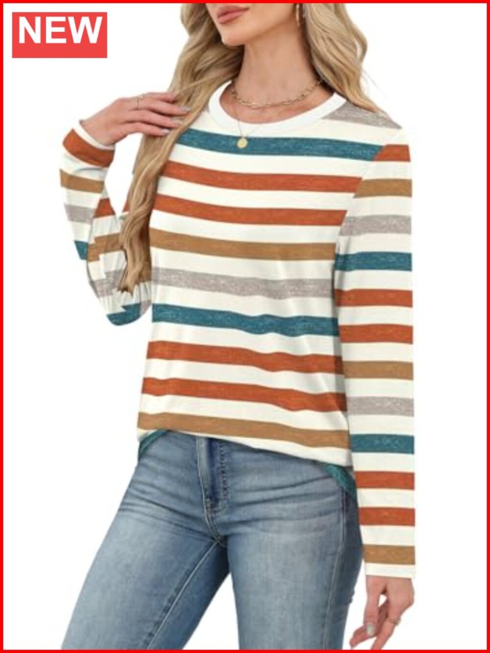 Womens Striped Long Sleeve Ribbed Crewneck Tee Fall Casual Blouse - Picture 3 of 6